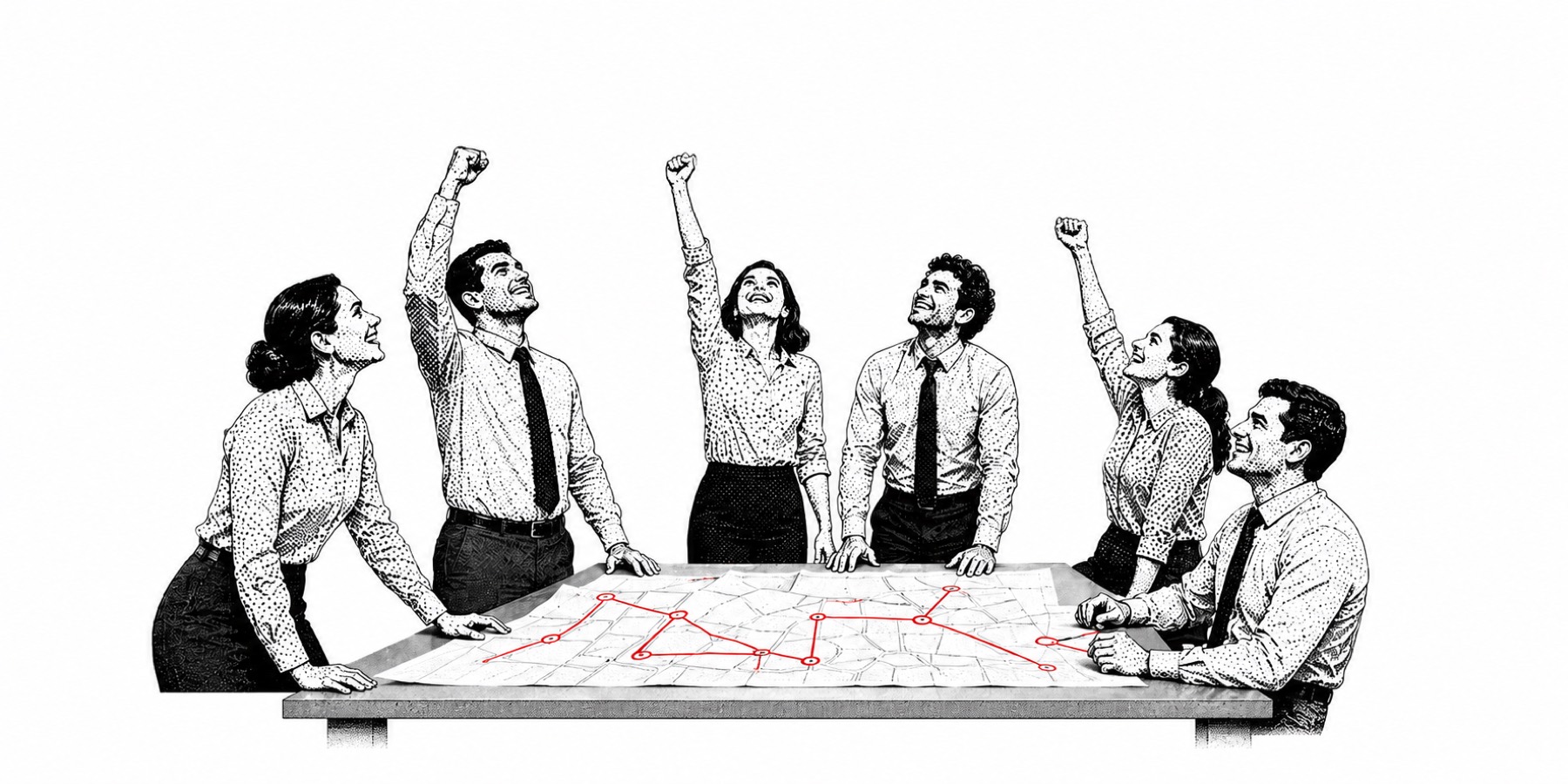 Un equipo de pie alrededor de una mesa, con un mapa de rutas marcado en rojo.